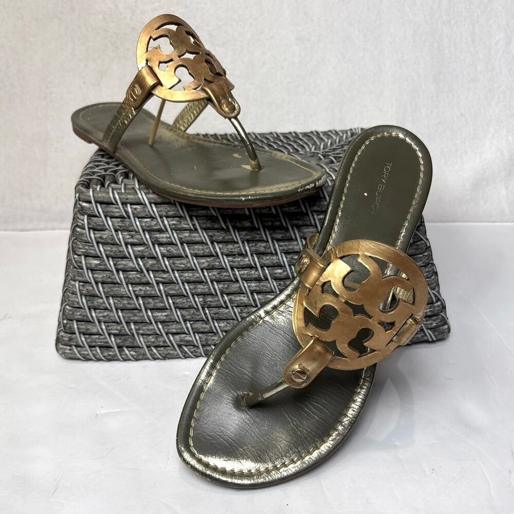 Tory Burch Miller Thong Sandals Womens Size 9 Gold Leather READ DESCRIPTION